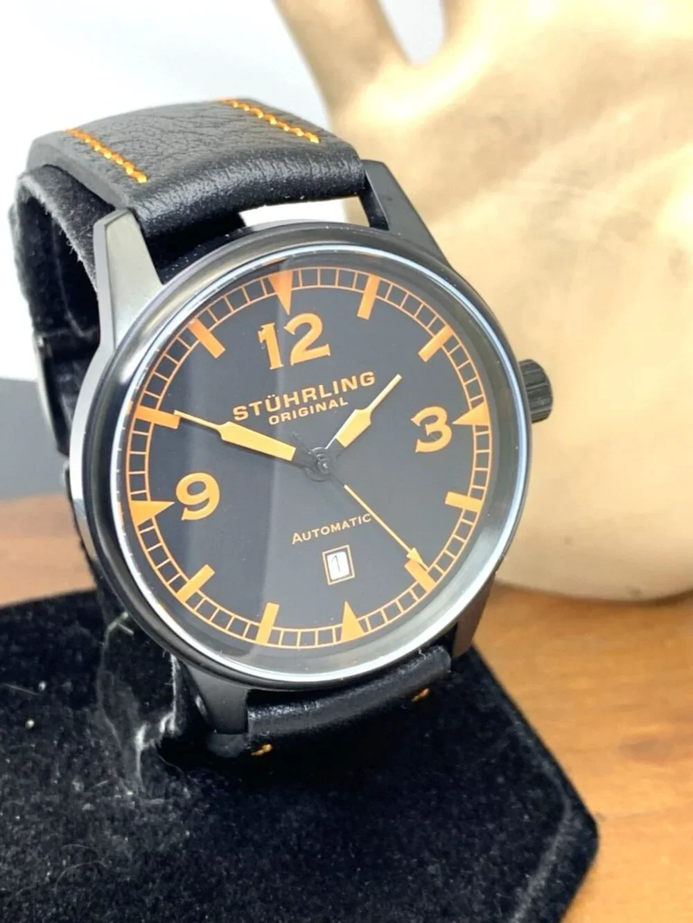 Stuhrling Men's Watch ST-900016 Automatic Black Orange Dial Leather Band 44mm